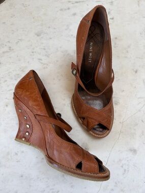 Nine West Cognac Leather Peep-Toe Wedge Sandals with Ankle Strap